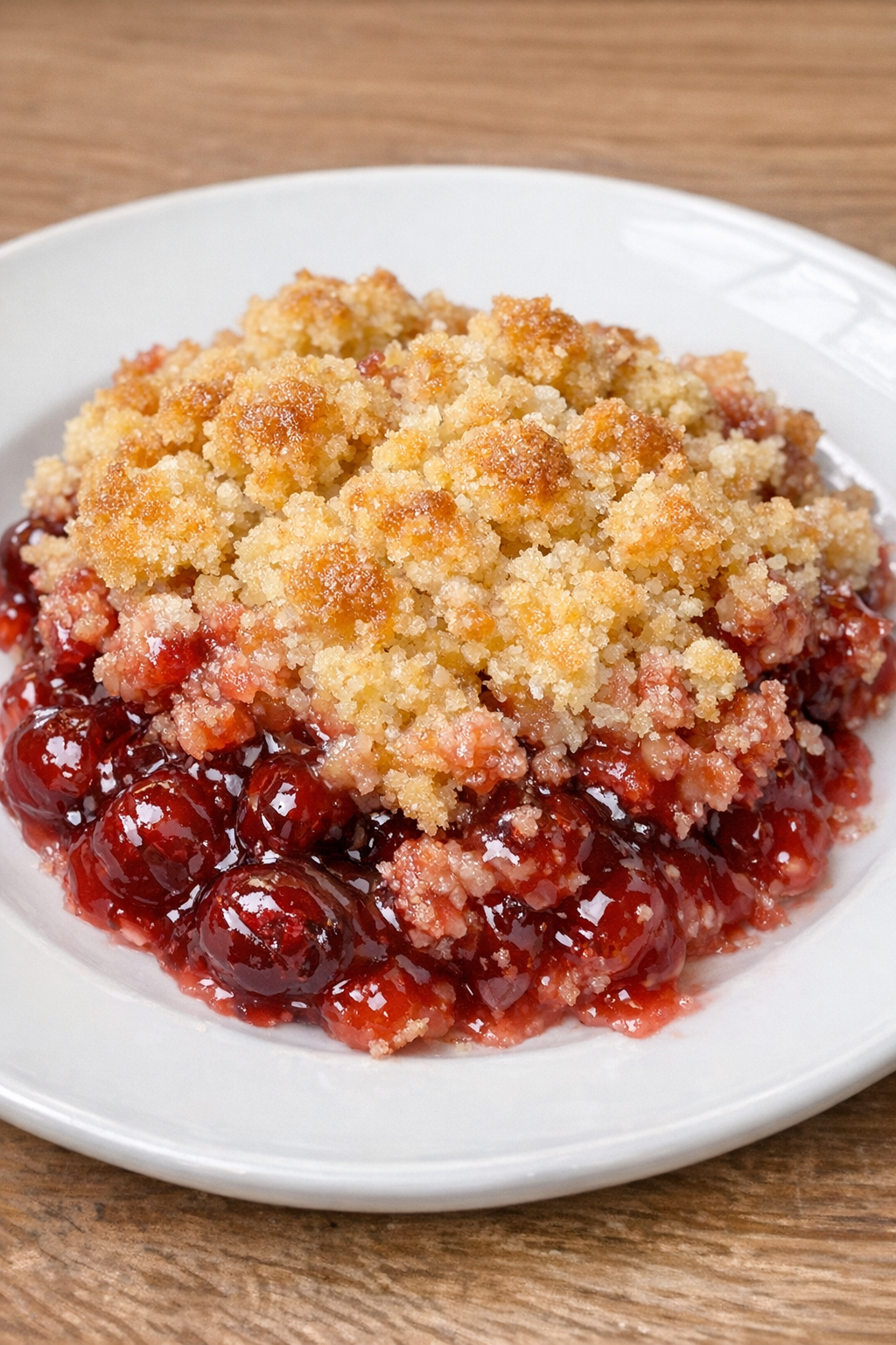 Cherry dump cake on a white plate