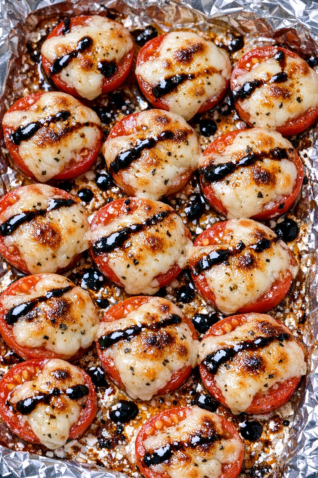 Finished tomato mozzarella bakes with balsamic drizzle