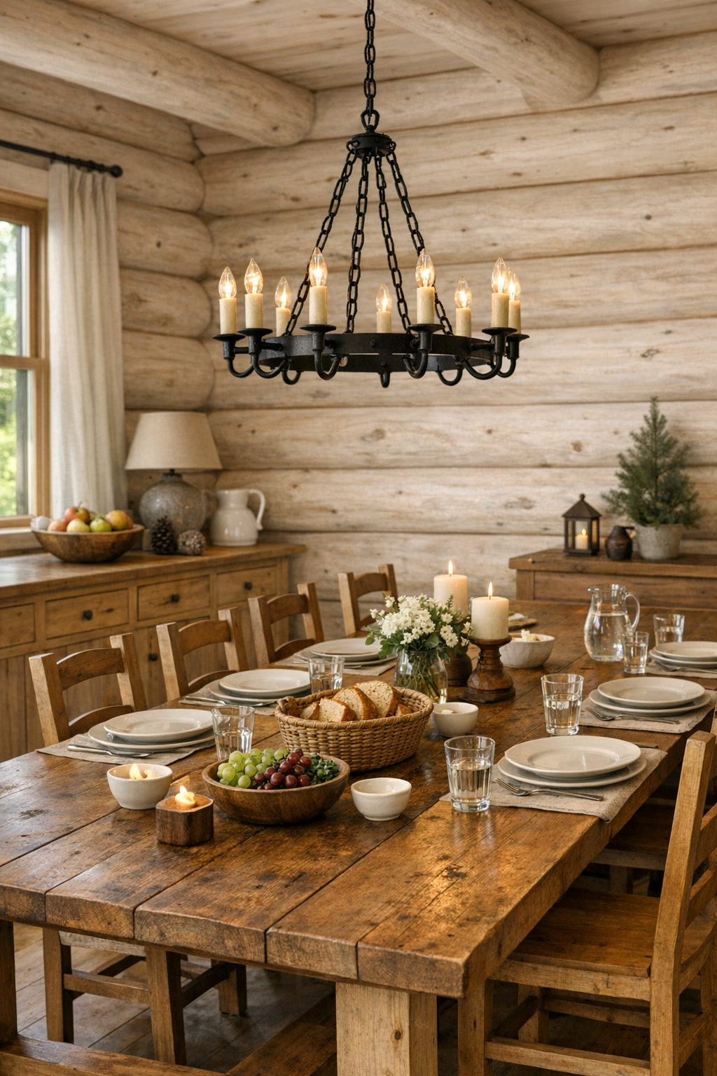 Warm dining room with a long handcrafted wood table, simple chairs, and soft rustic lighting