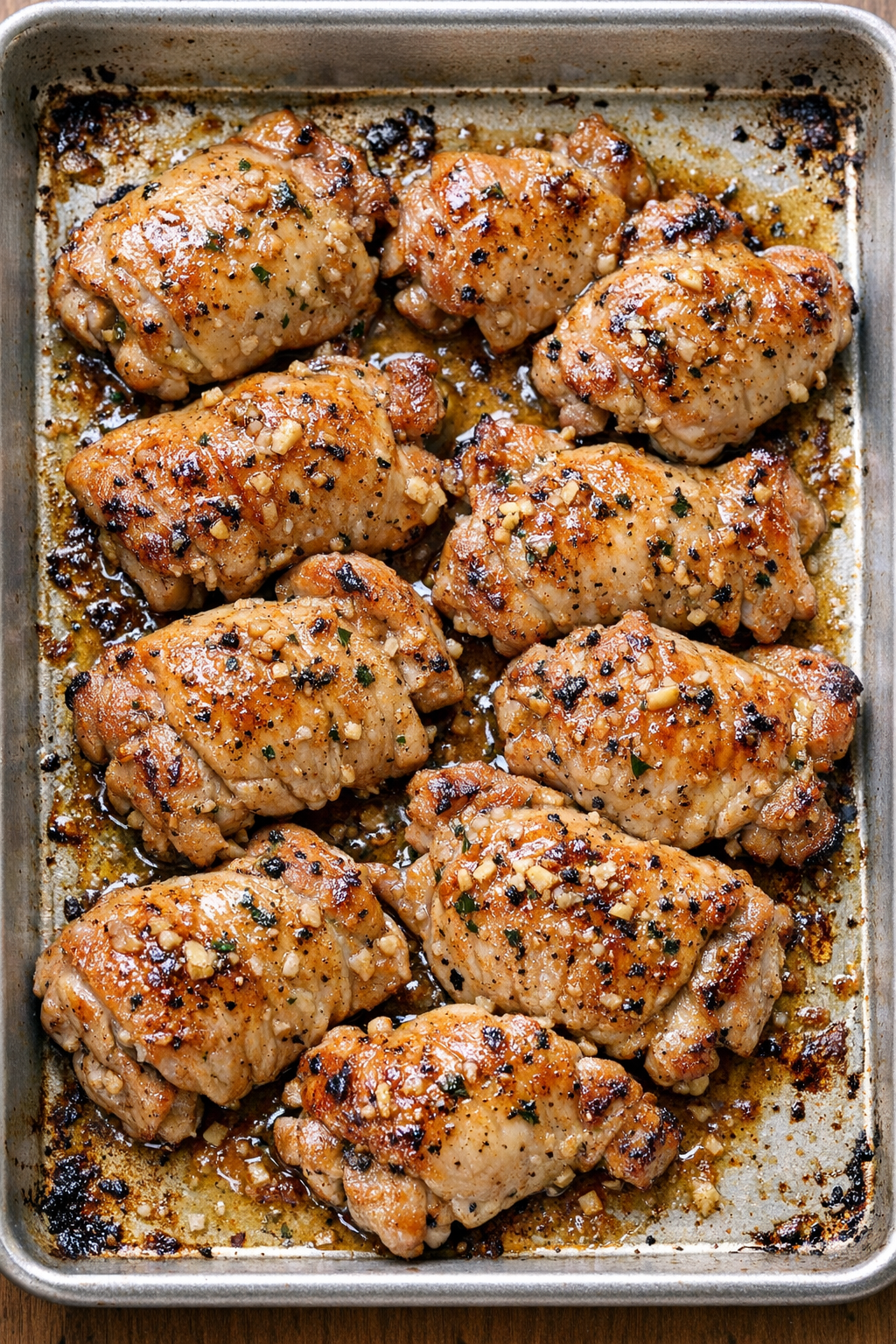 Finished baked chicken thighs on a sheet pan