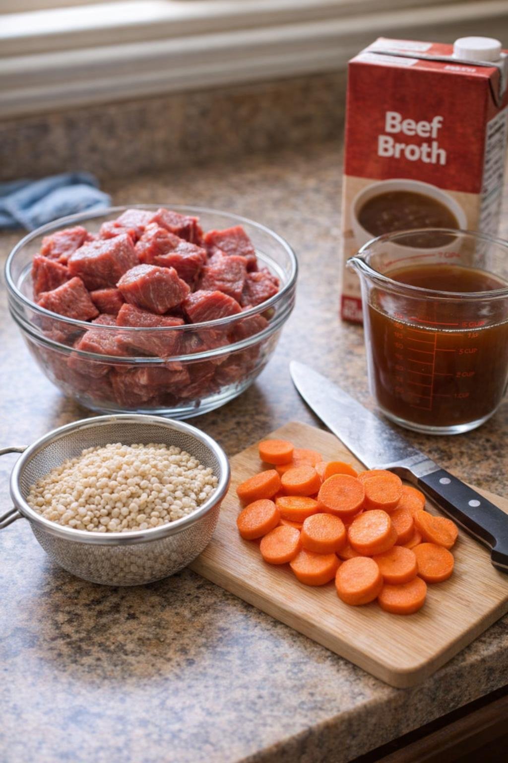 Simple stew ingredients arranged on a kitchen counter