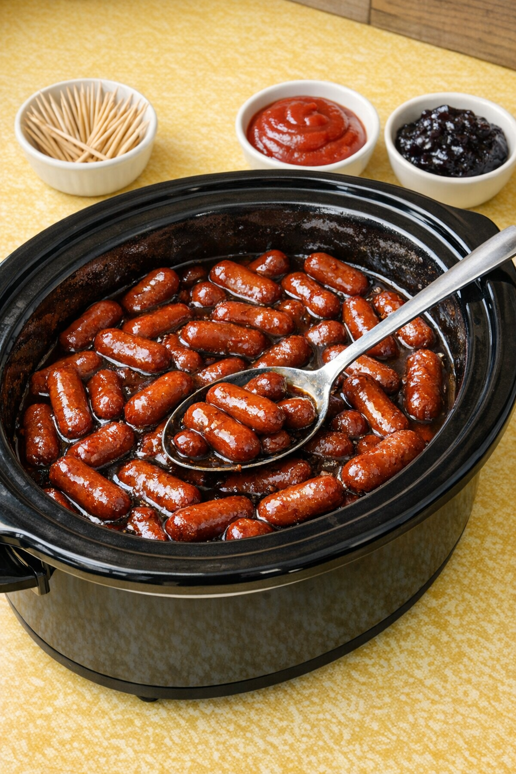 Finished root beer beef smokies served warm in a slow cooker