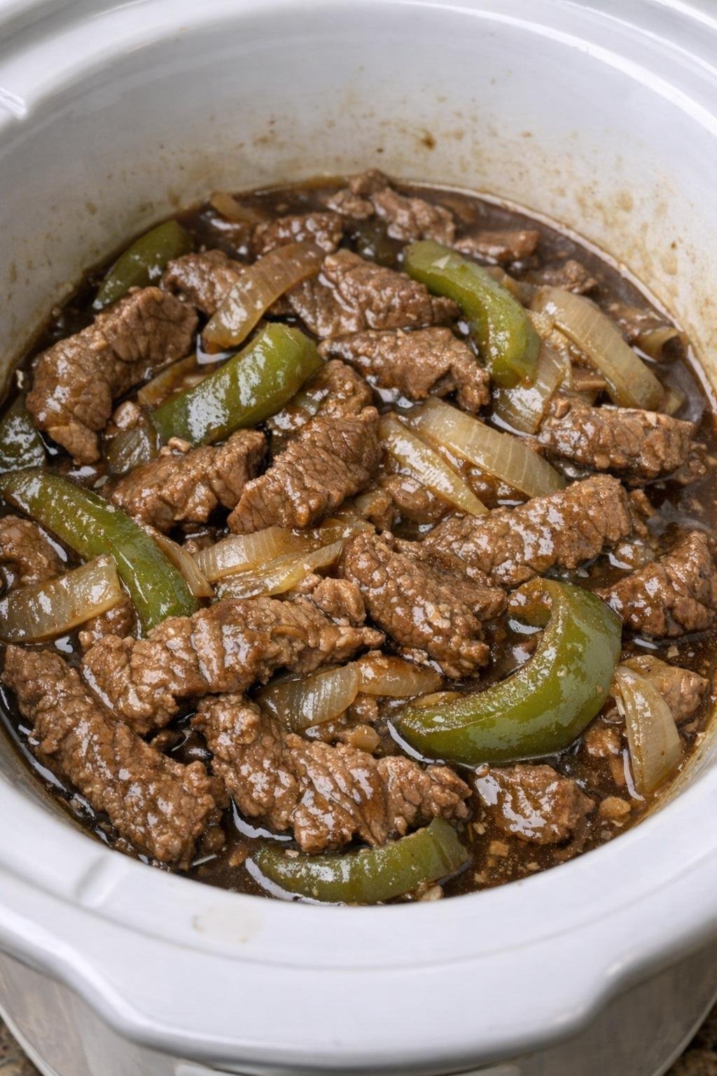 Slow cooker pepper steak in a white slow cooker crock
