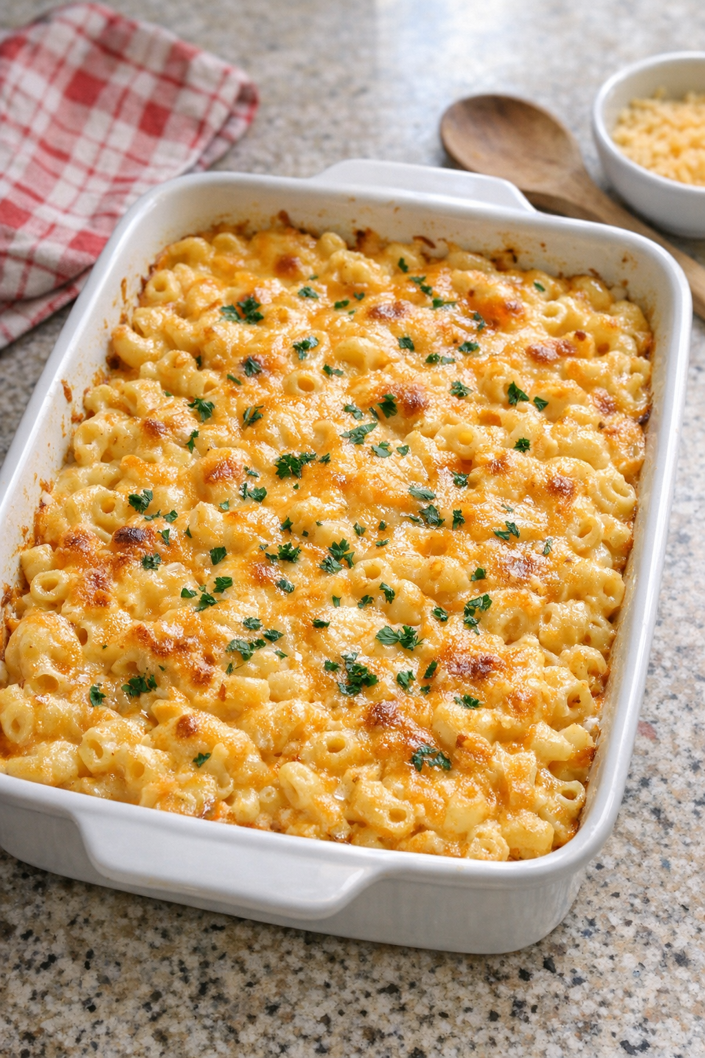 Finished baked fiesta cheese macaroni in a casserole dish