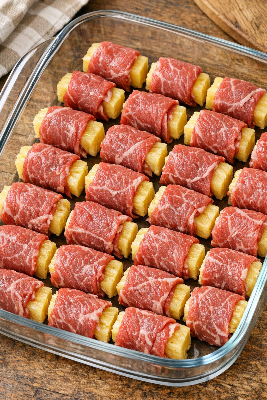 Pineapple chunks wrapped with beef in a baking dish