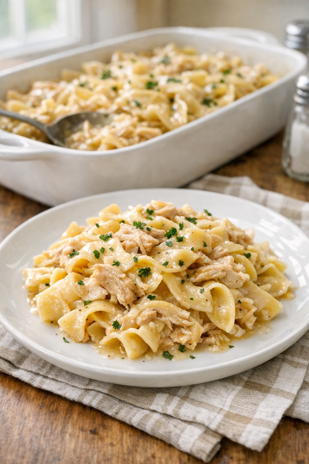 Finished baked chicken gravy noodles casserole plated on a dinner plate