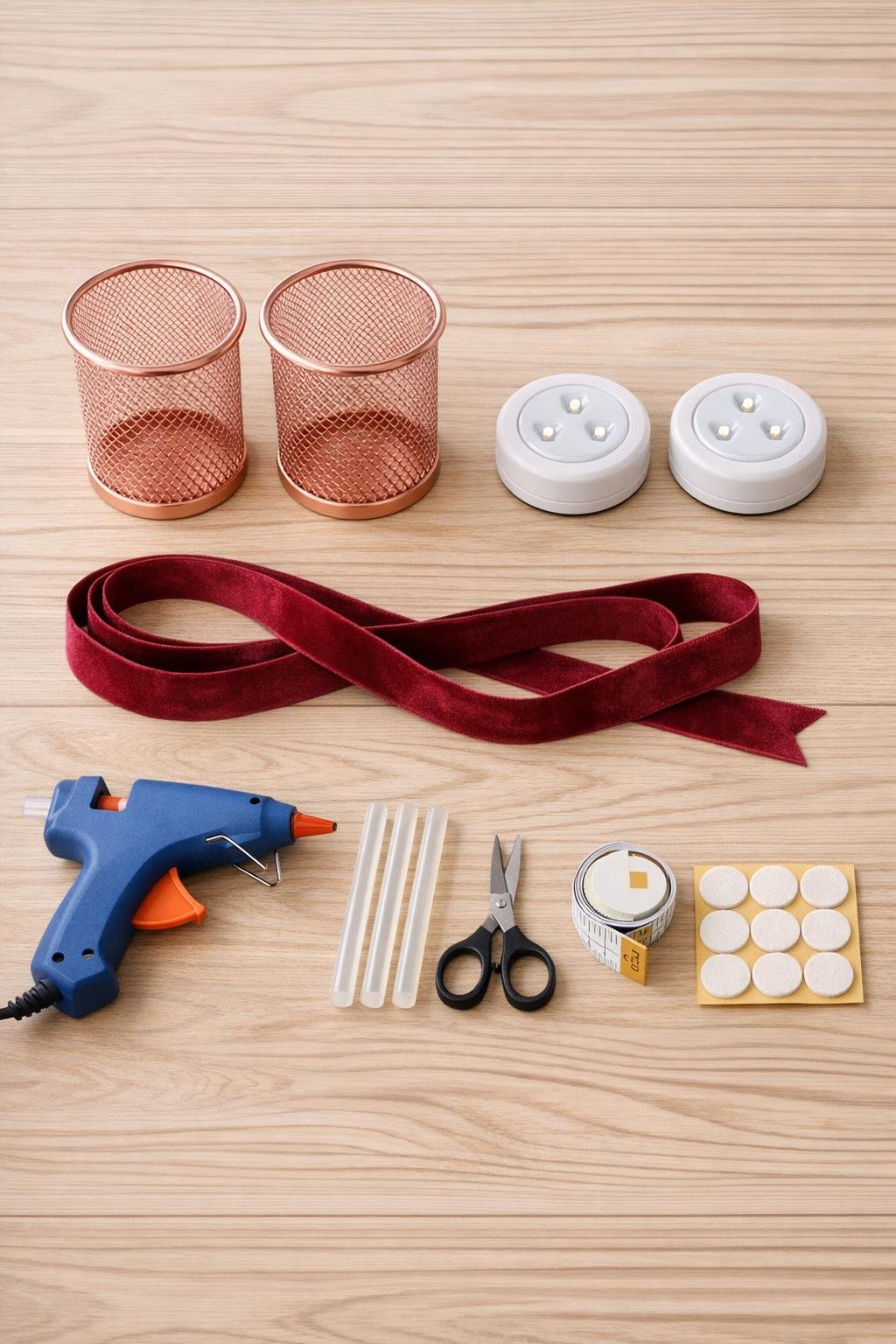 Materials for copper mesh pencil cup luminaries laid out together