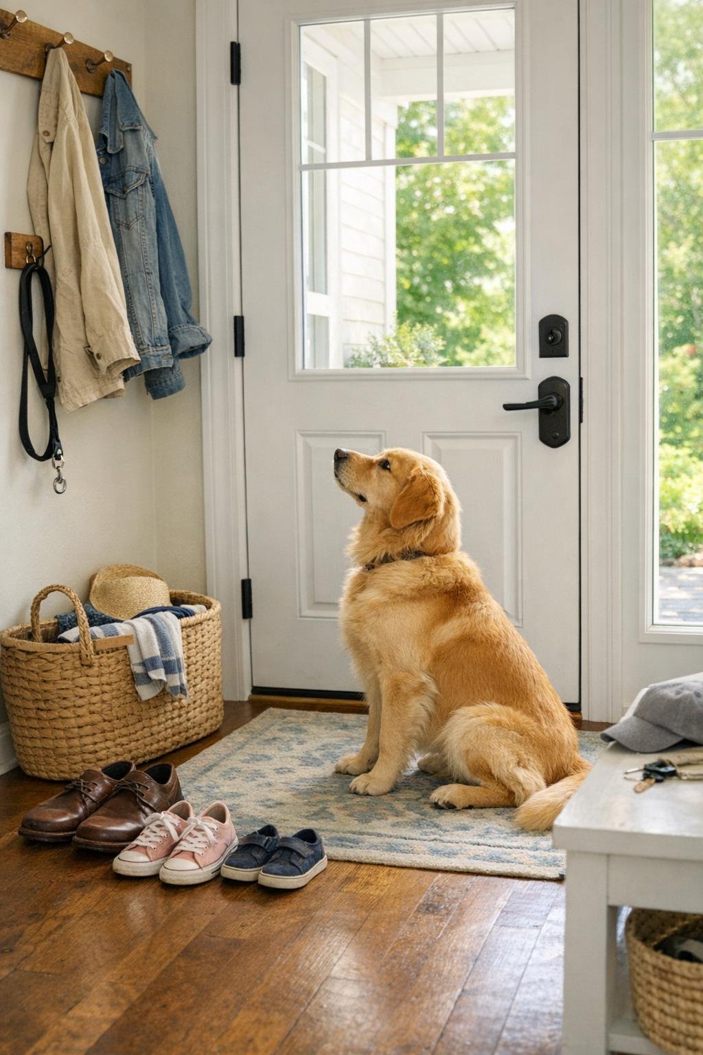 Dog waiting by the door near leash and entry items