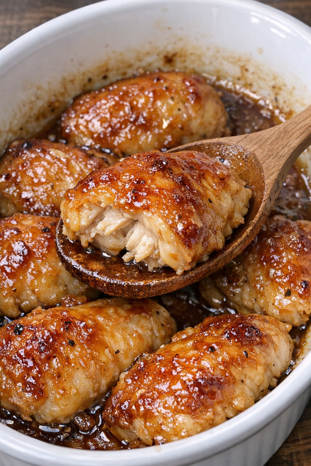 Golden glazed chicken in a white oval casserole dish