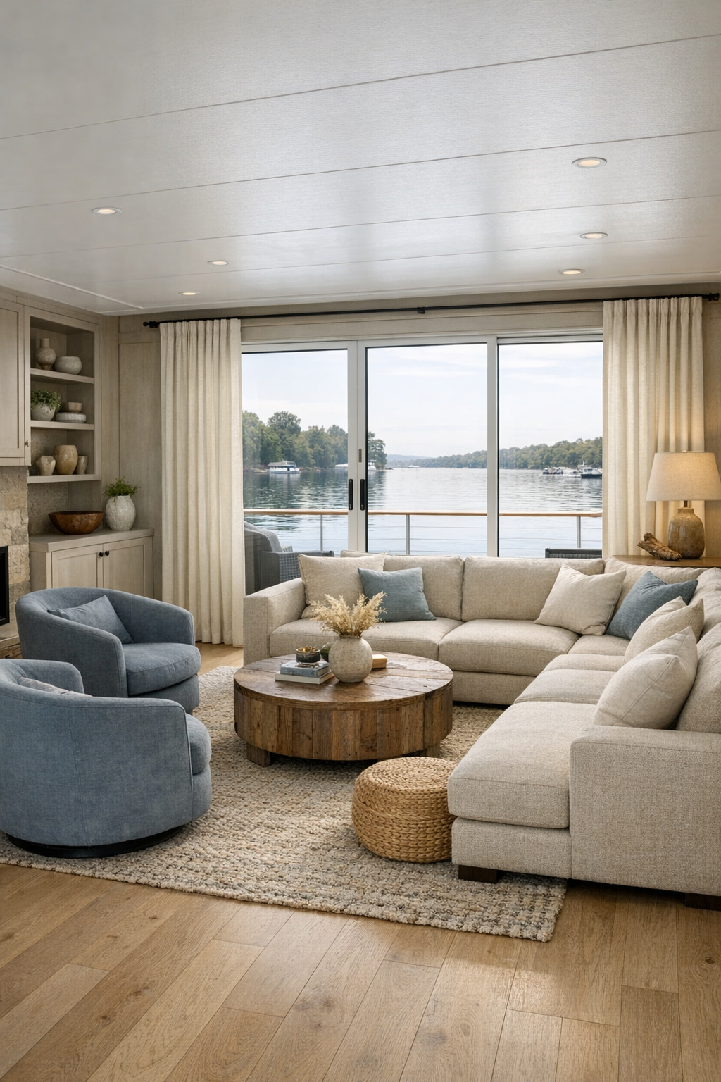 Bright living room with pale oak floors, oatmeal sectional, blue-gray chairs, and large lake-facing windows