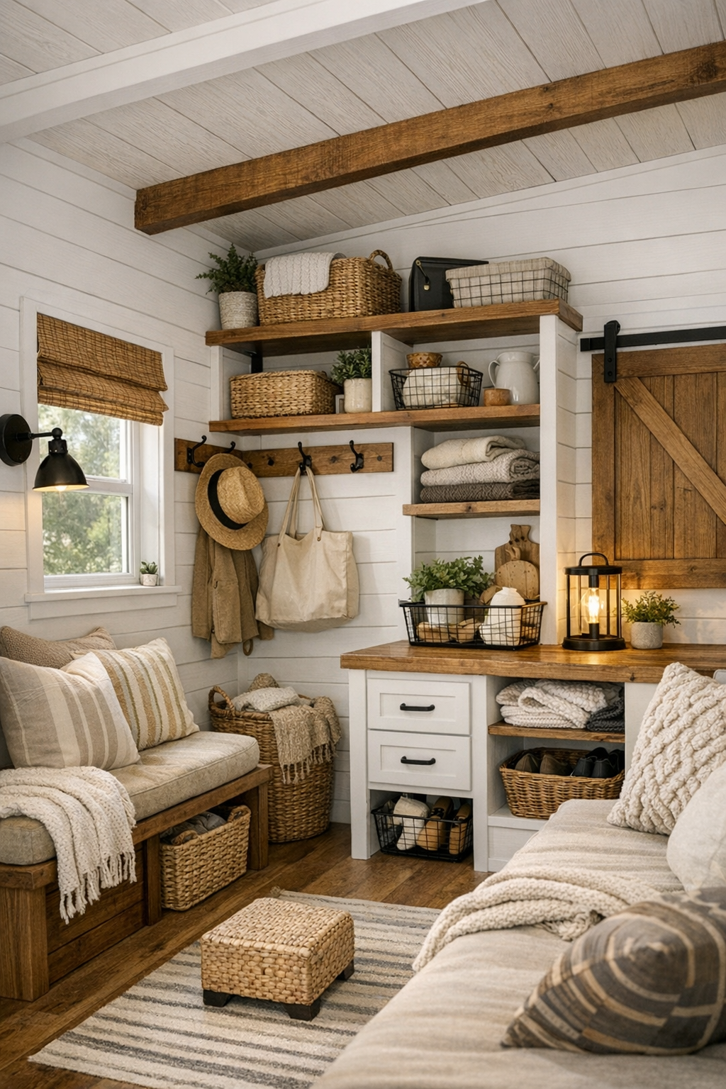 Smartly designed RV entry and multipurpose nook with built-in storage and farmhouse finishes