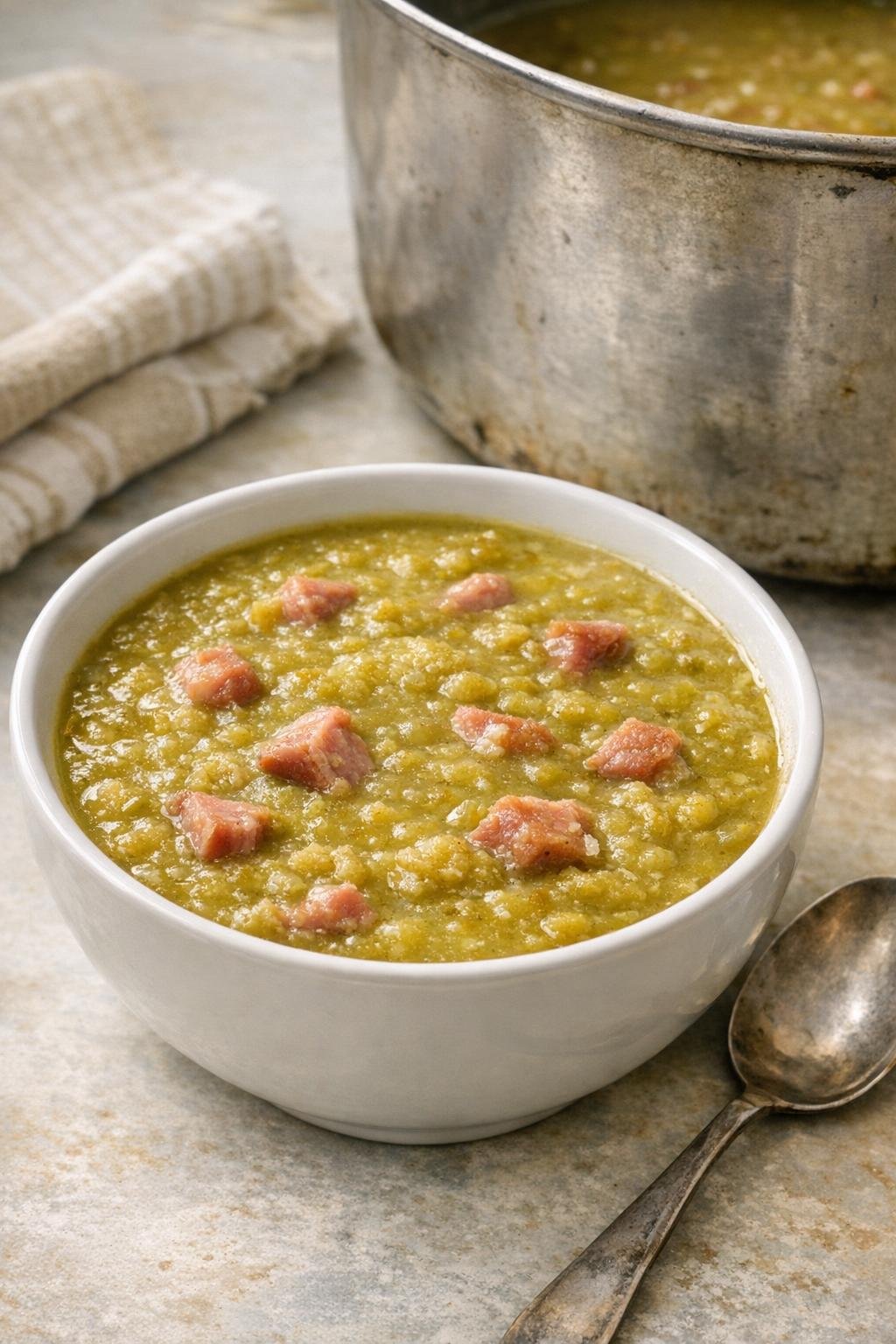 Finished bowl of split pea soup with ham