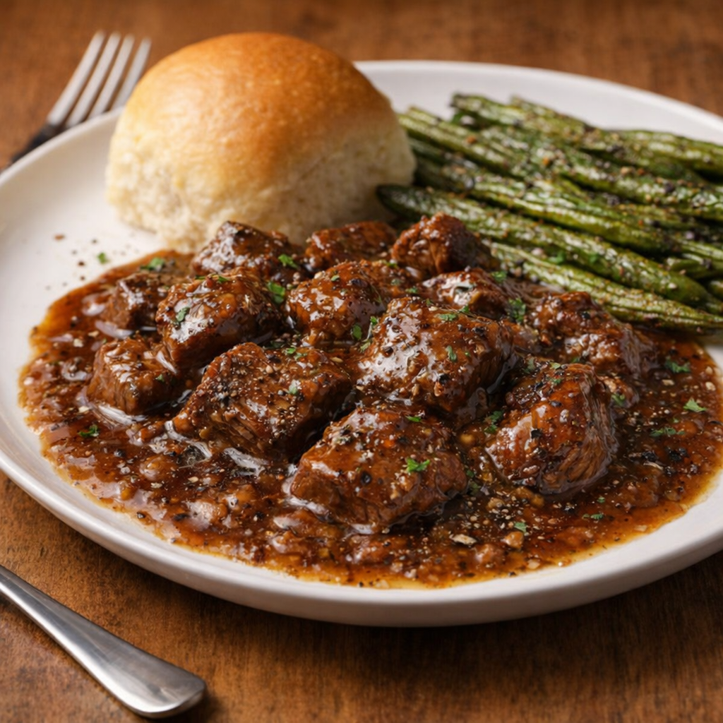 Beef tips plated with green beans and rolls