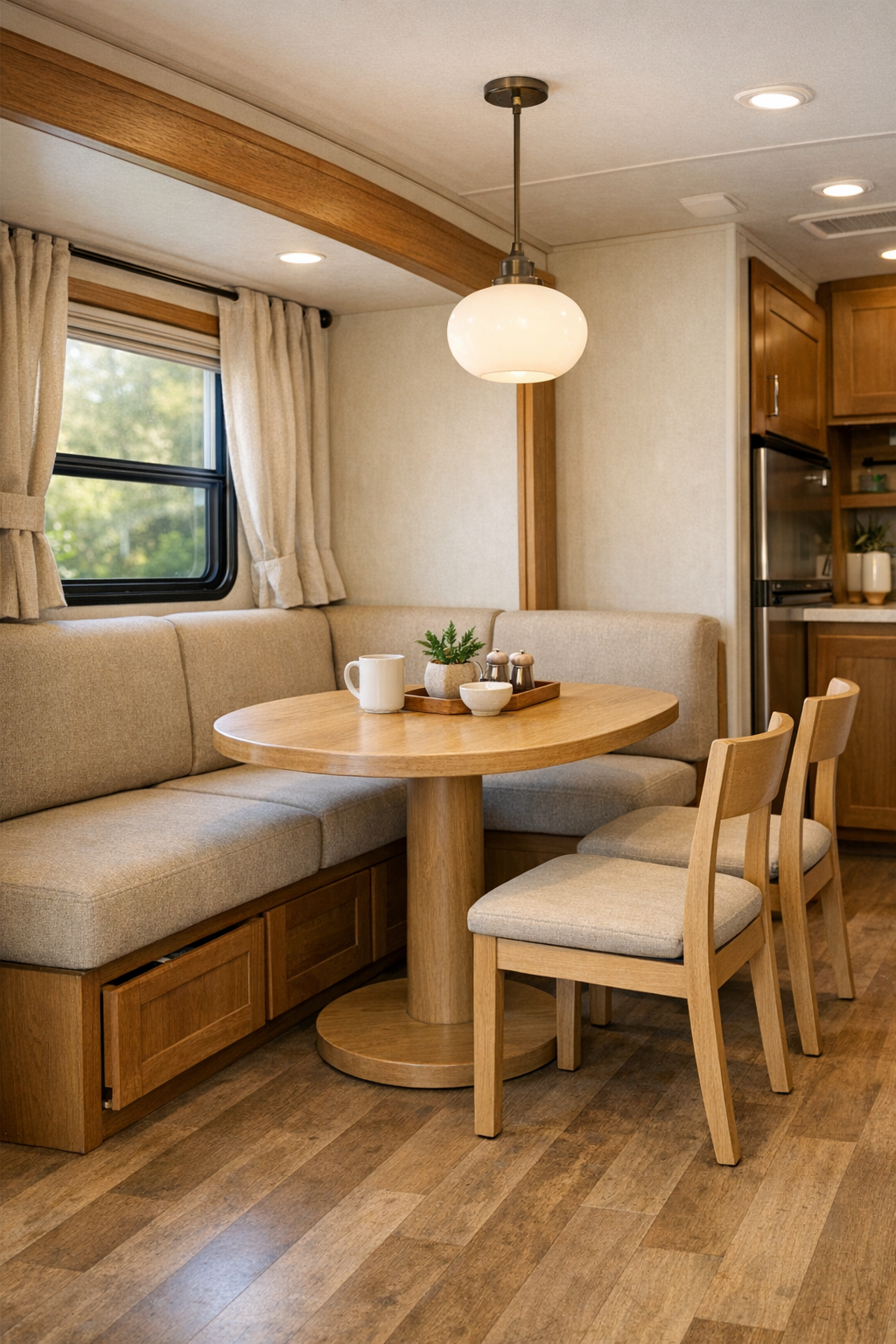 Compact RV dining nook with banquette seating, round pedestal table, and soft pendant light