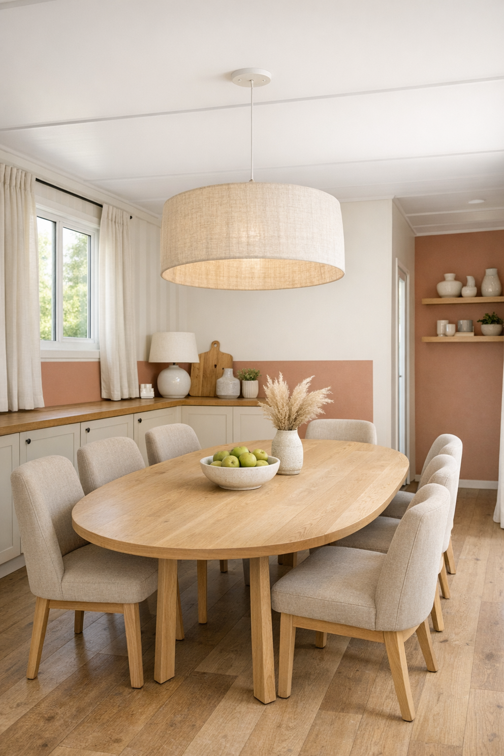 Light dining room with oval wood table and soft neutral chairs