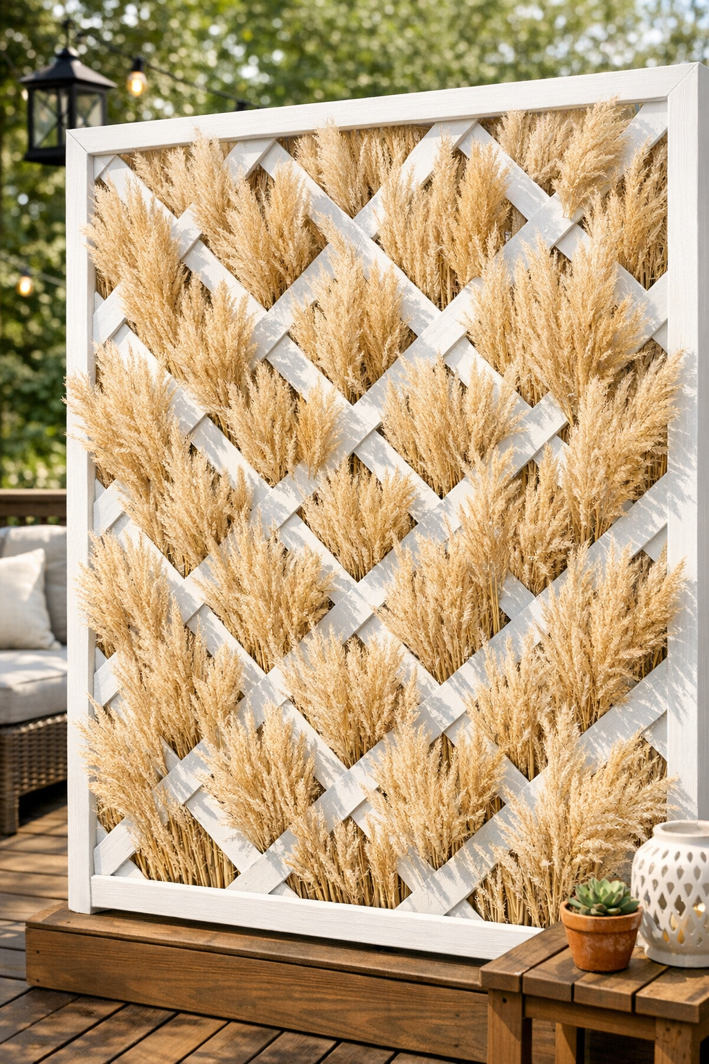 Finished DIY patio privacy screen made from woven pampas grass and painted wooden lattice frame
