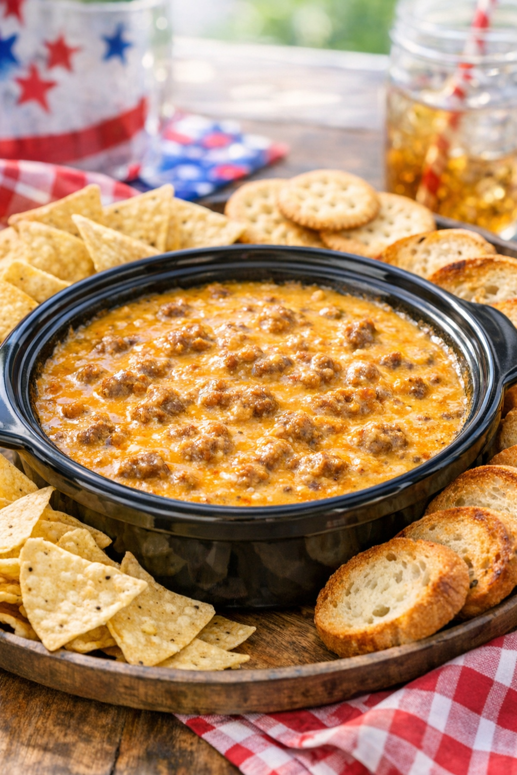 Plated slow cooker sausage dip with chips and crackers
