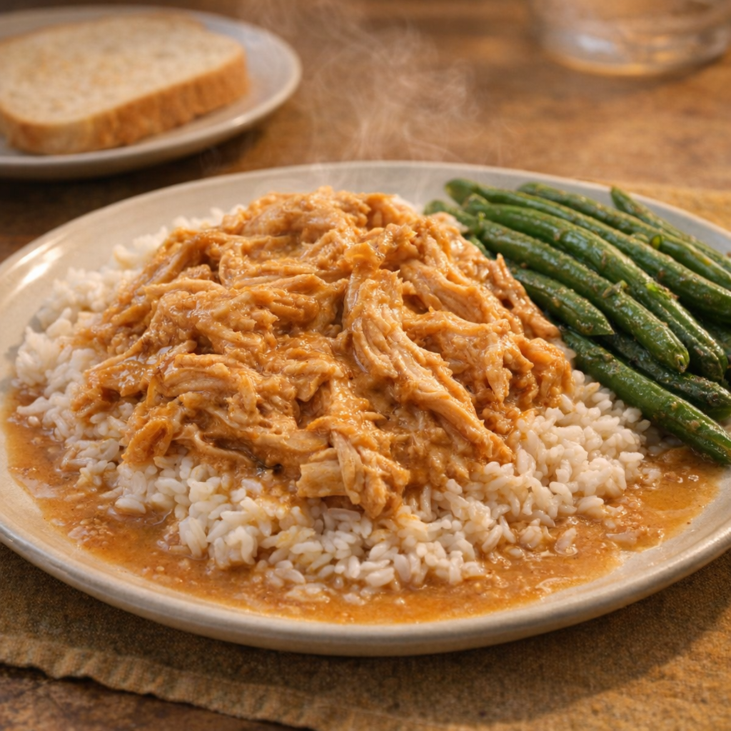 Peanut butter chicken served over rice with green beans