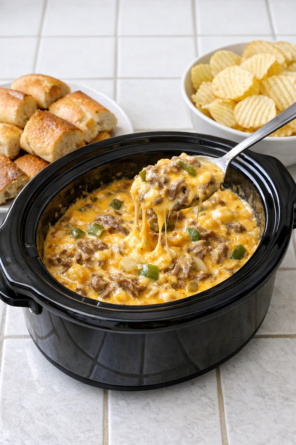 Finished Philly cheesesteak beef dip in a slow cooker with rolls for serving