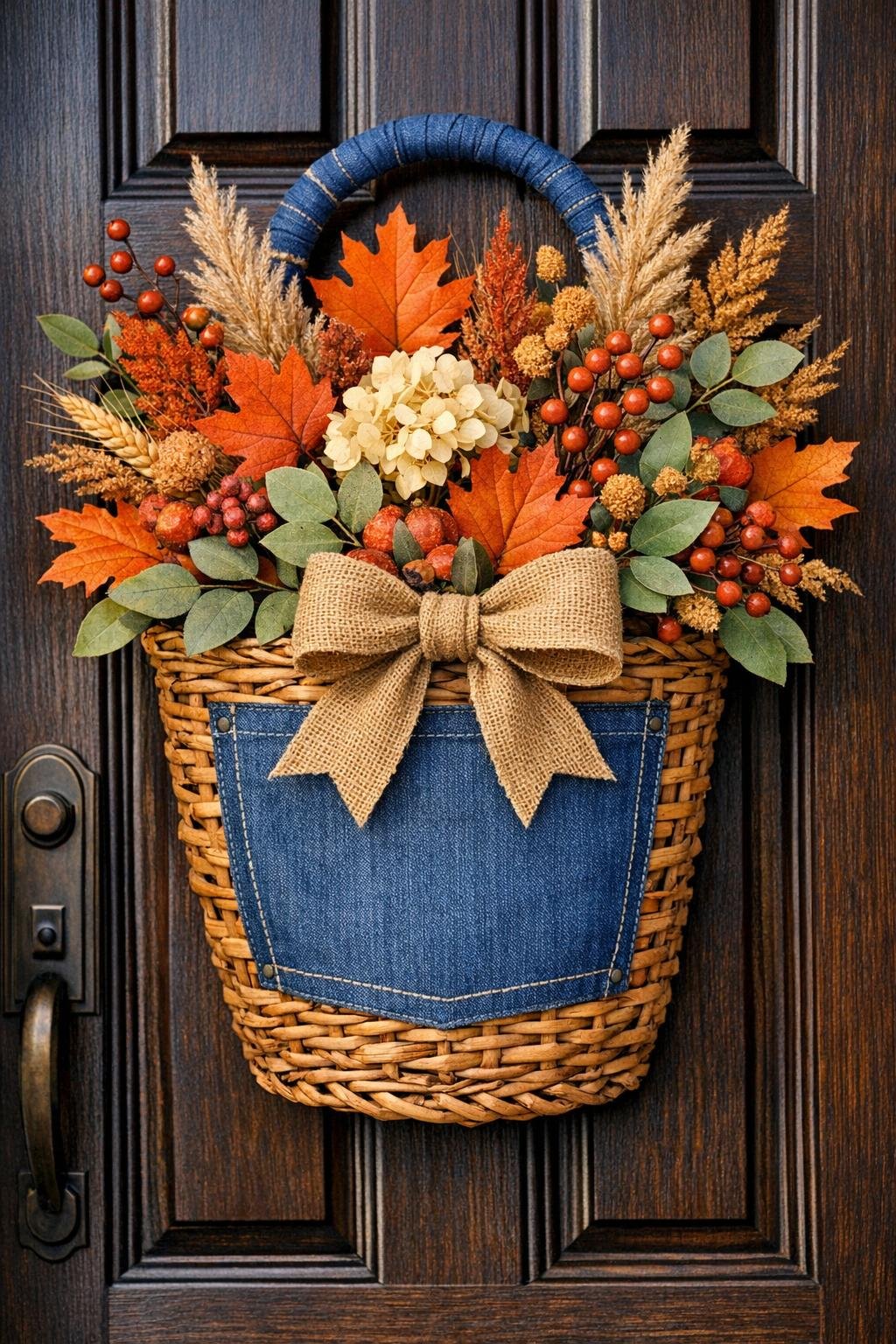 Finished fall door basket decorated with denim and autumn stems