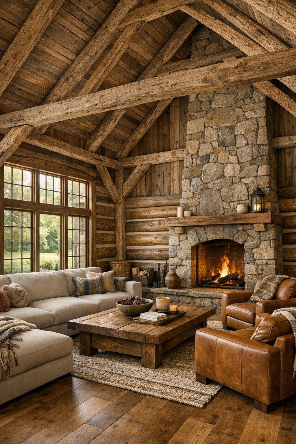 Vaulted rustic living room with exposed barn beams and a stone fireplace