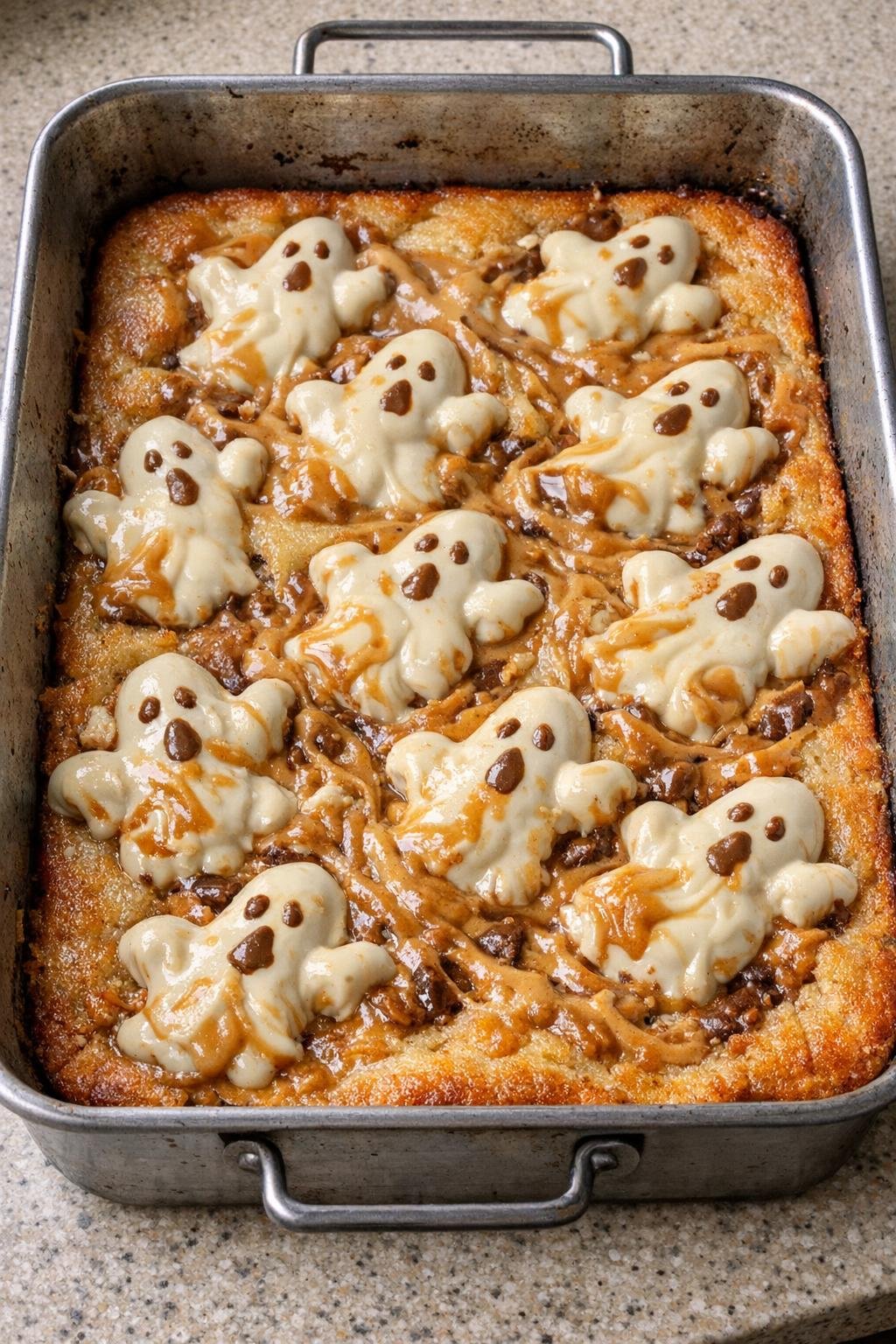 Finished peanut butter ghost dessert in baking pan