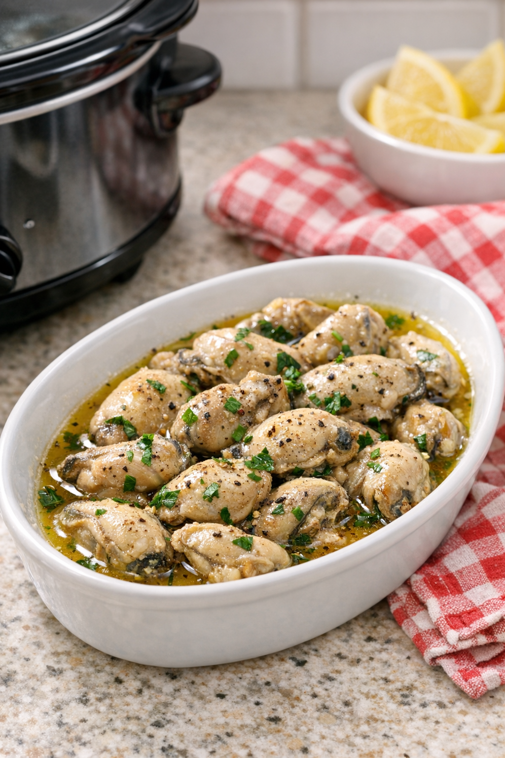 Finished slow cooker oysters in a serving dish