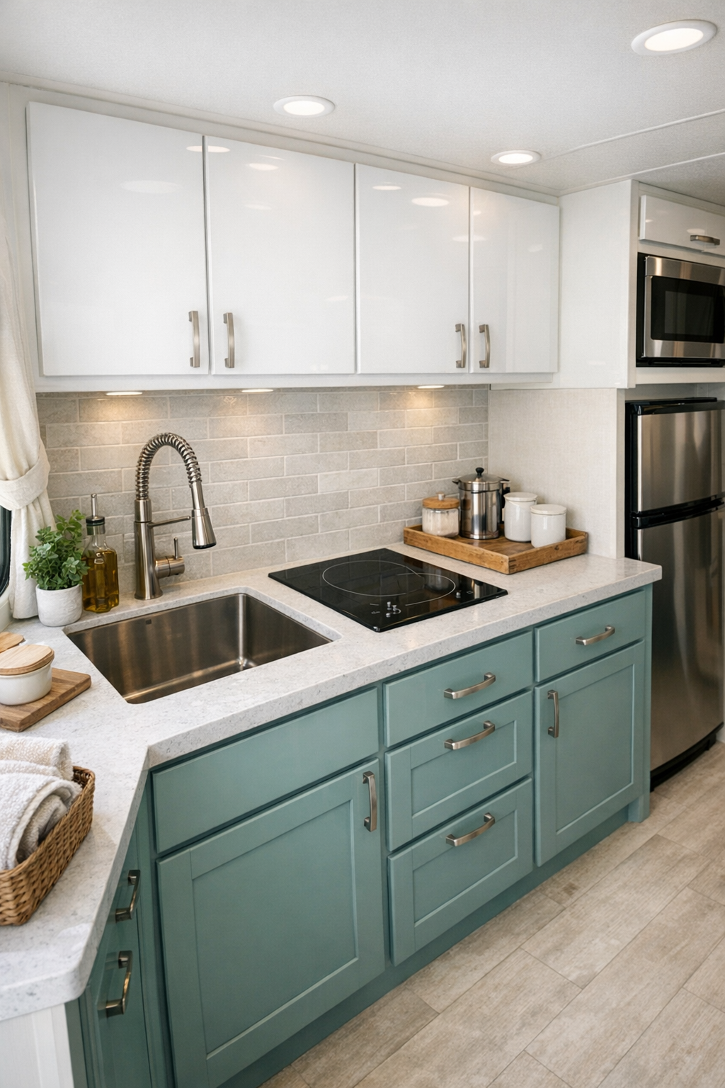 Glossy small RV kitchen with seafoam cabinets and light countertops