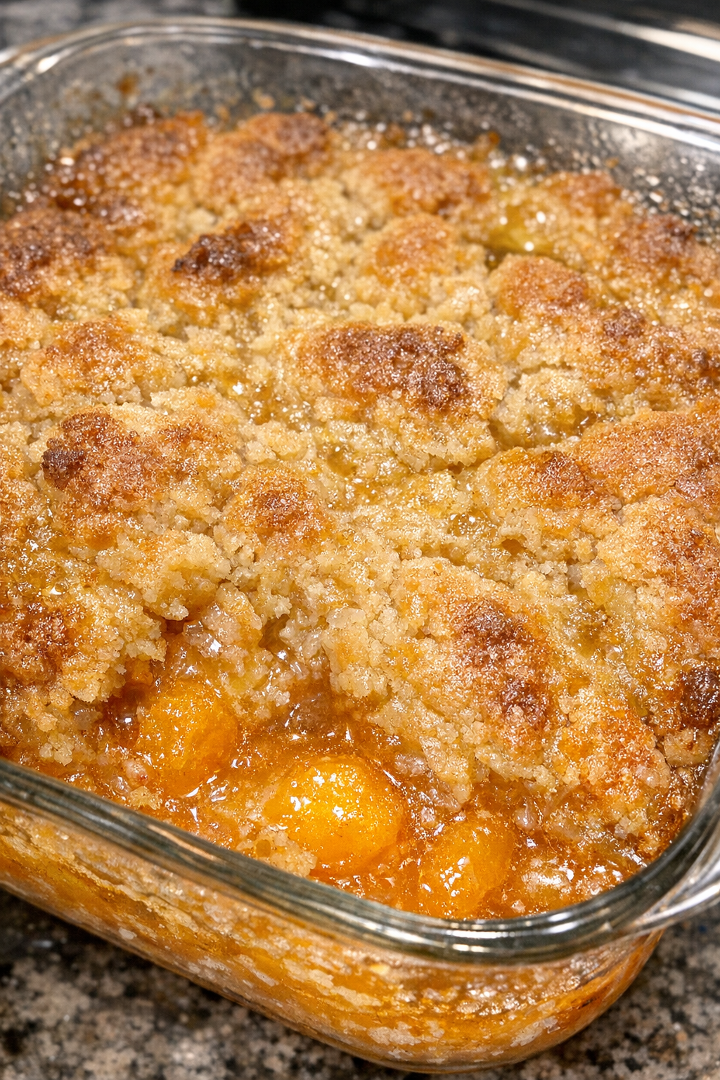 Finished peach dump cake with bubbling golden crust