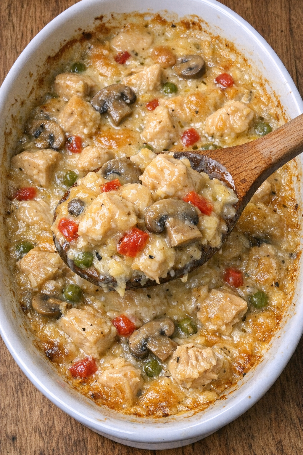 Creamy chicken casserole in a white oval dish