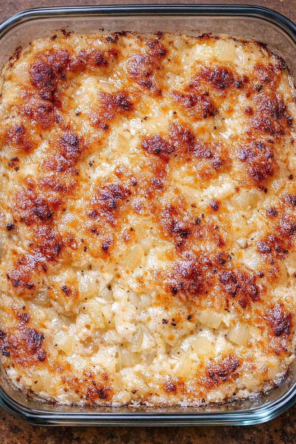Southern baked sweet onion dip in a glass casserole dish