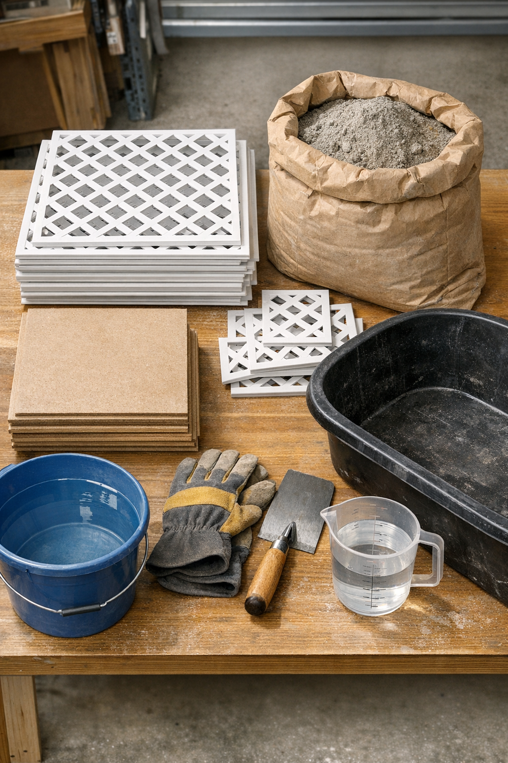 Materials for making crosshatched cement patio slabs laid out together