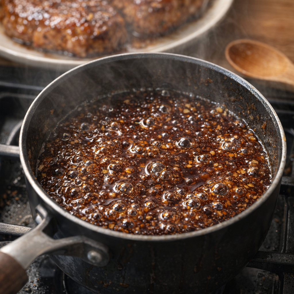 Honey garlic sauce simmering in a small saucepan