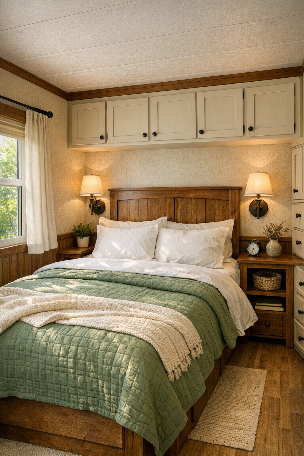 Peaceful bedroom with sage quilt, warm wood millwork, and soft natural light