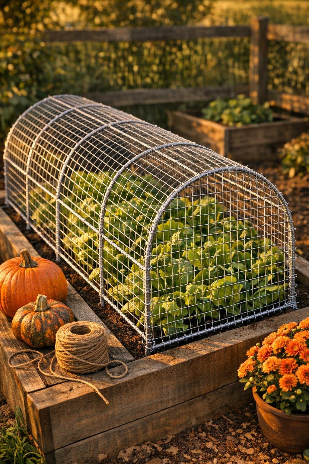 Finished wire hardware cloth critter cage protecting a fall garden bed