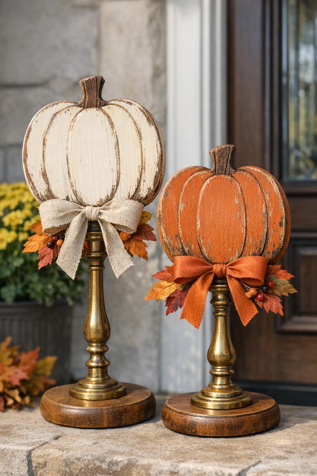 Finished autumn pumpkin sign decor on brass candlesticks for the front door