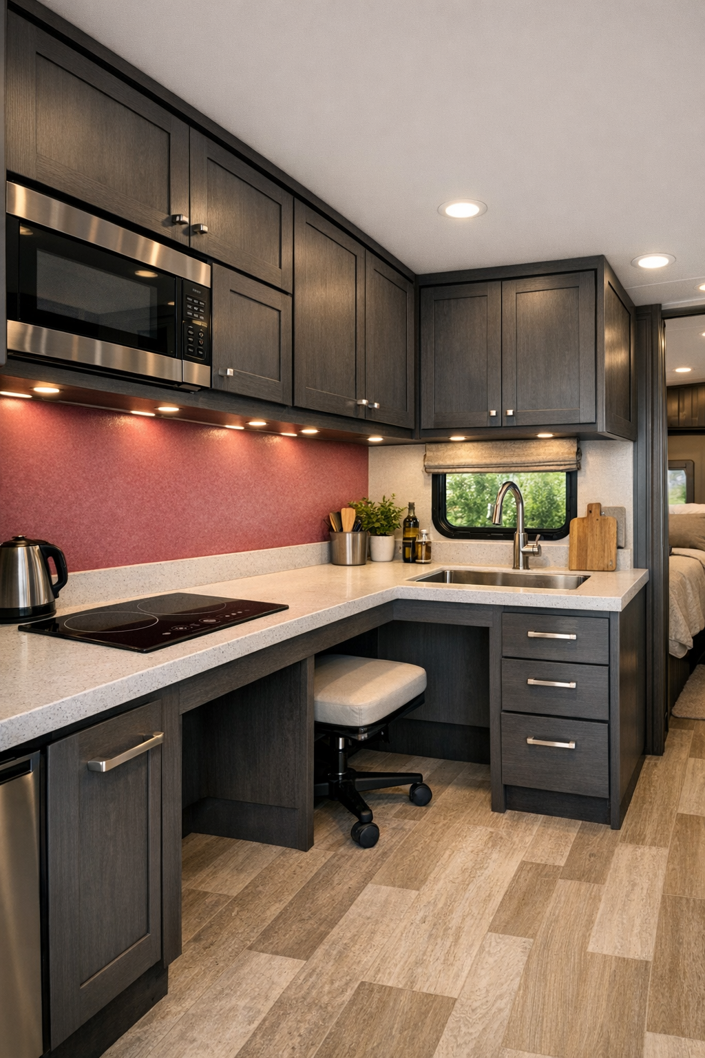 Compact accessible RV kitchen with charcoal cabinetry and pale quartz counters