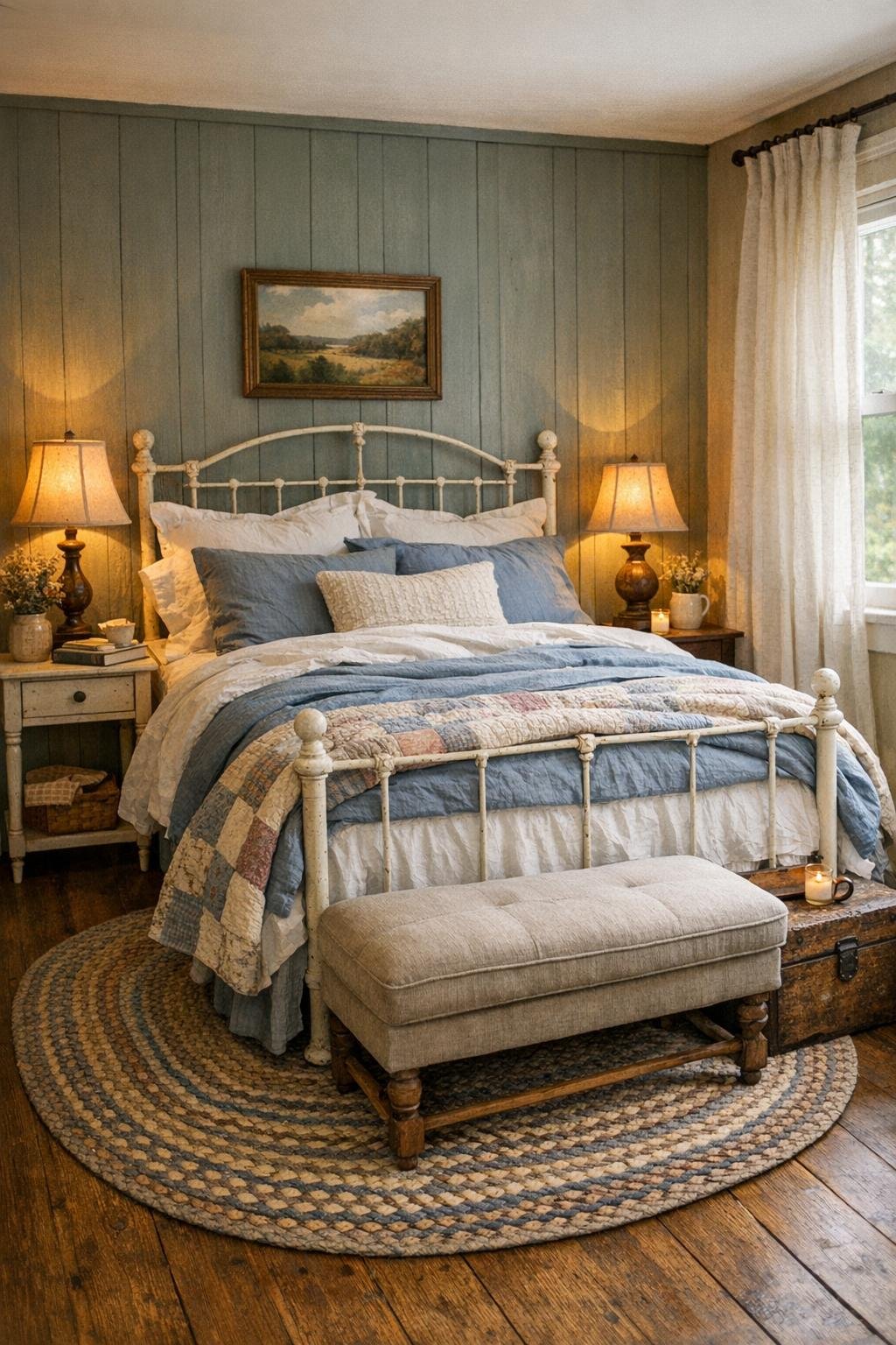 Peaceful cottage bedroom with layered linens and gray-green paneled wall