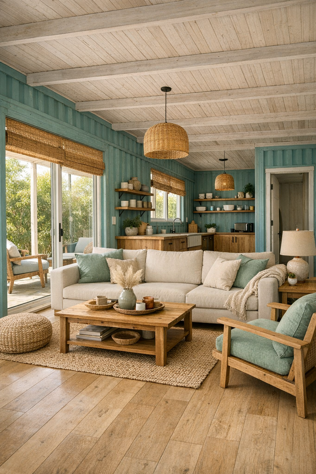 Accessible modern living room with dusty turquoise accents, light wood flooring, and soft neutral furnishings