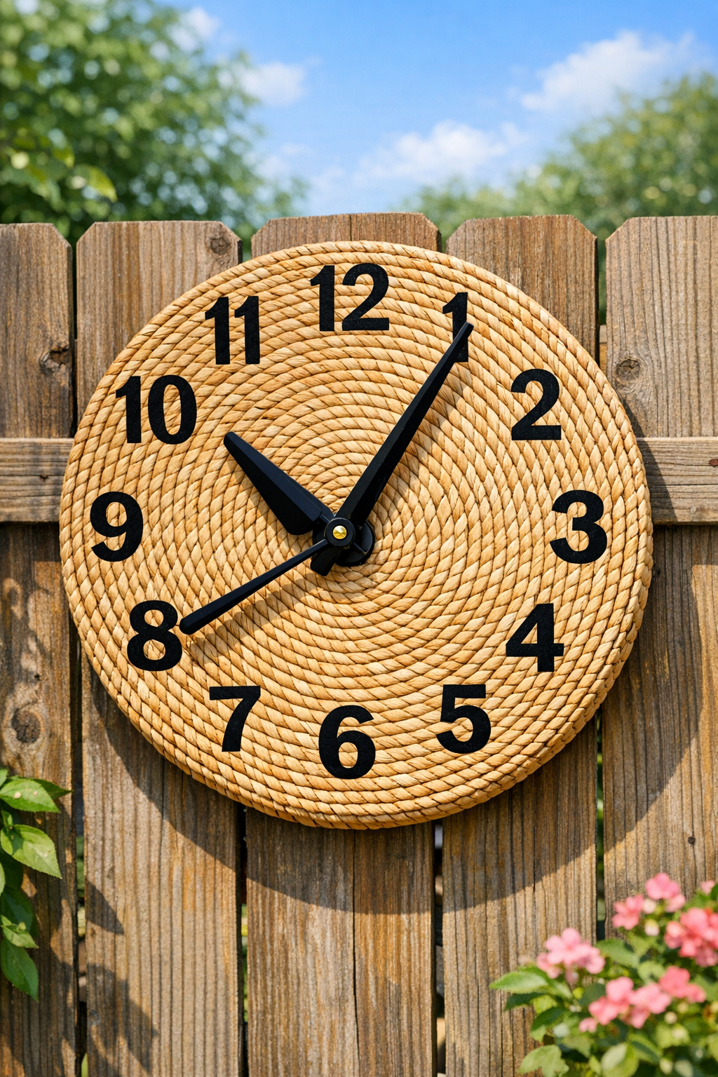 Finished outdoor clock made from a woven basket lid