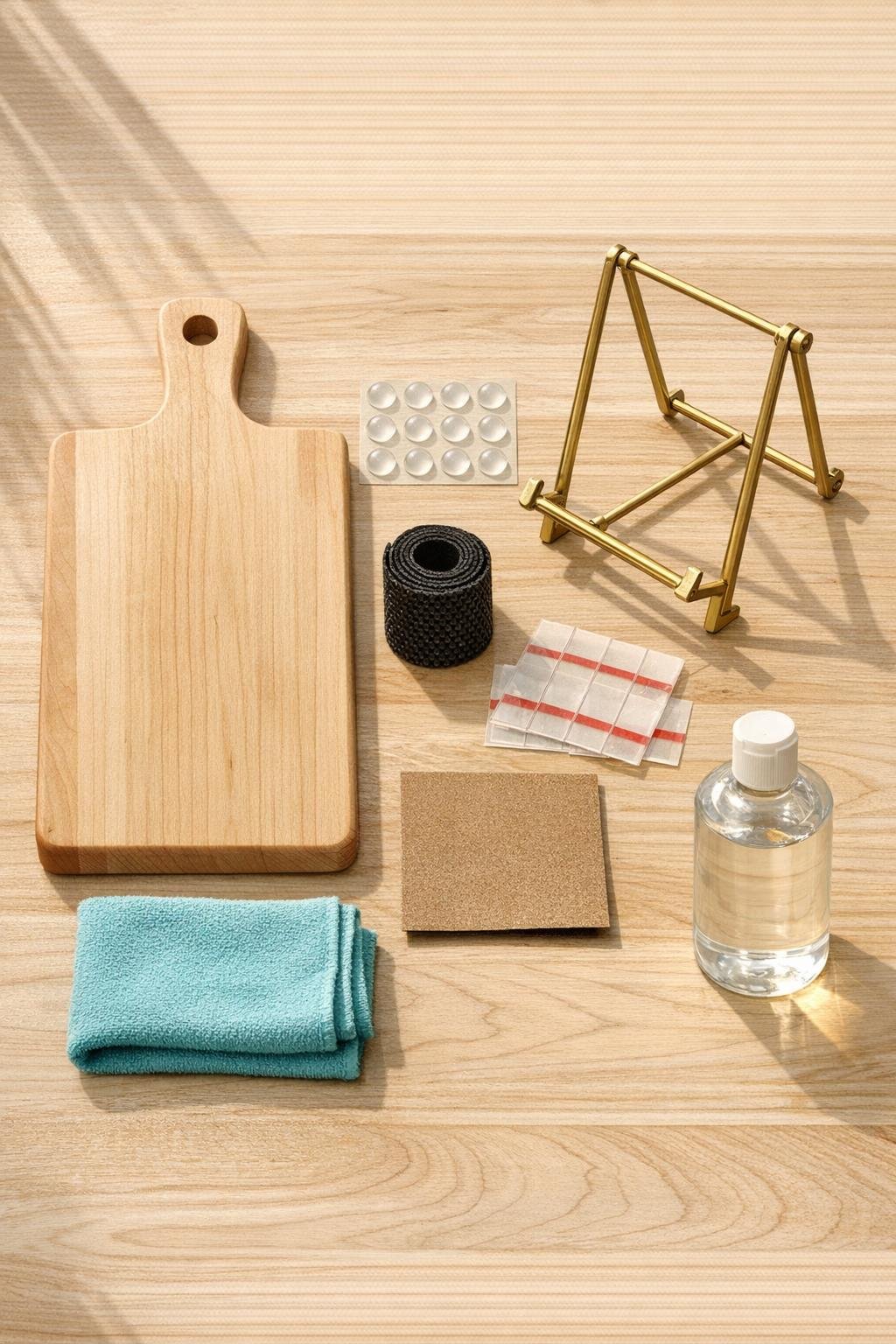 Materials for a cookbook stand laid out on a kitchen table