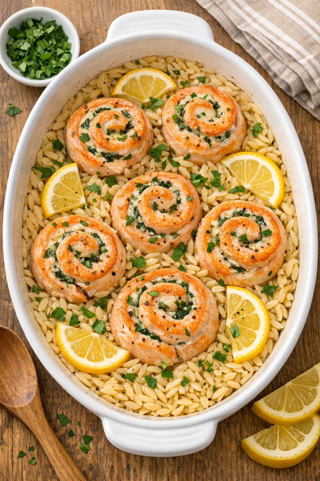 Baked salmon pinwheels with tender orzo in a ceramic casserole dish