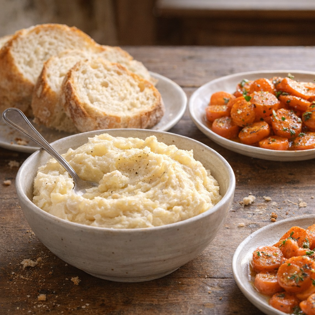 Sliced bread and mashed potatoes beside roast chicken fixings