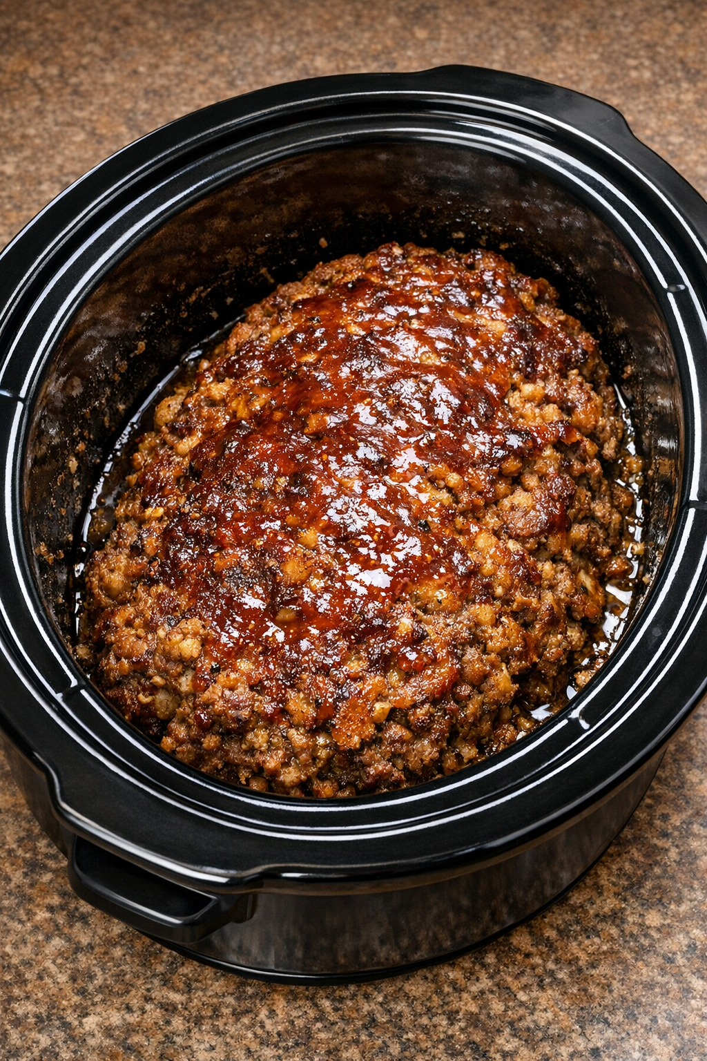Cooked loaf in the slow cooker ready to slice