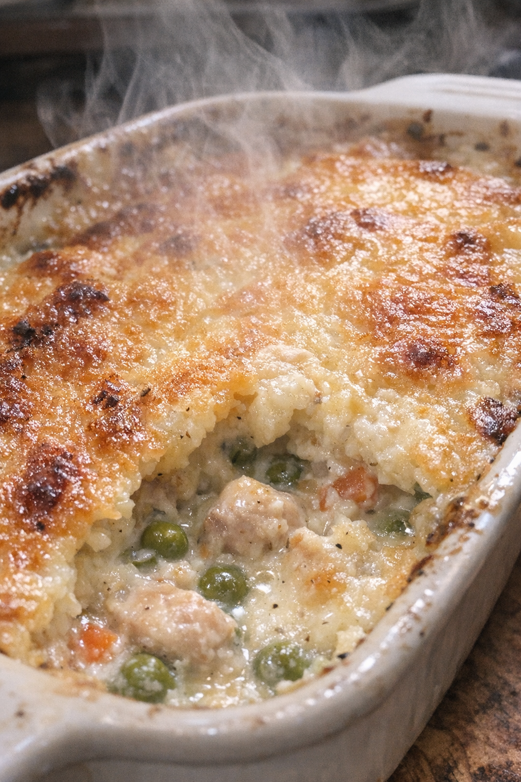 Bubbling casserole with golden crust in a ceramic baking dish