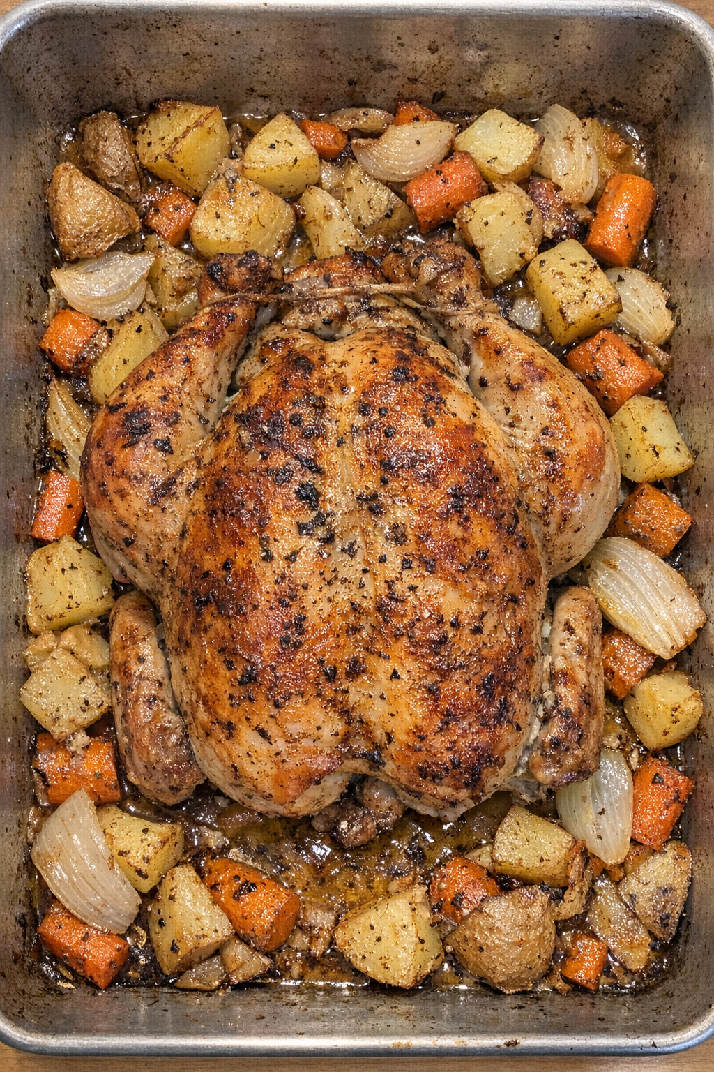 Roasted whole chicken in a metal roasting pan