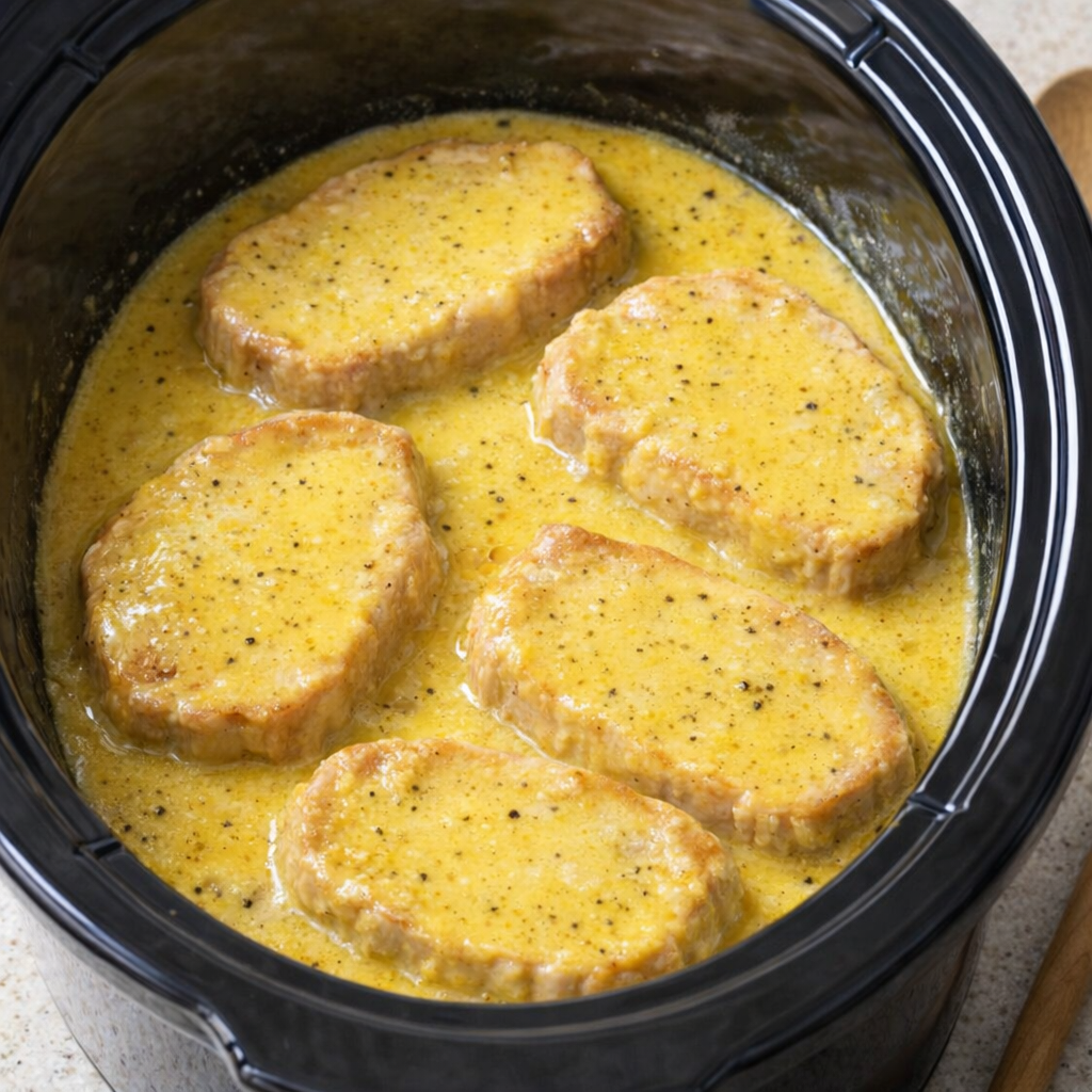 Slow cooker pork chops in bright yellow sauce