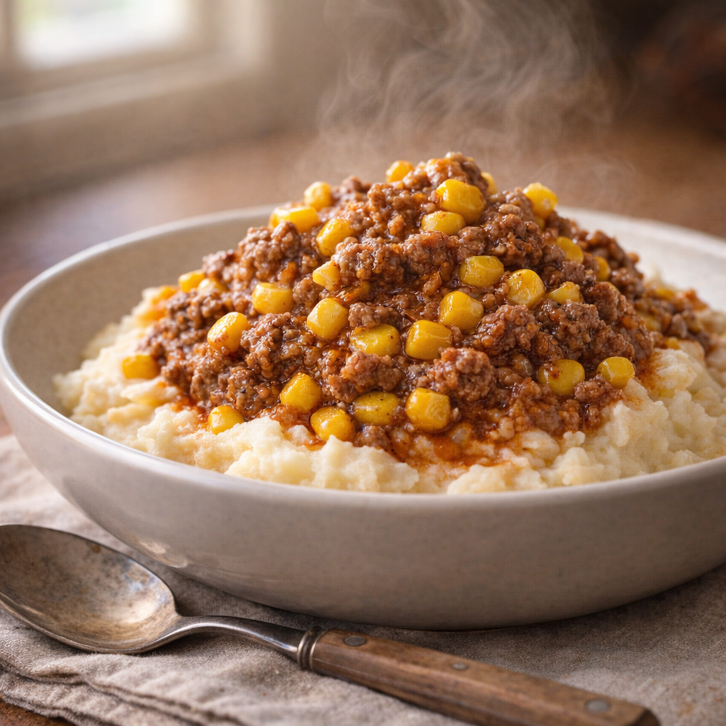A serving of beef and corn casserole spooned onto mashed potatoes