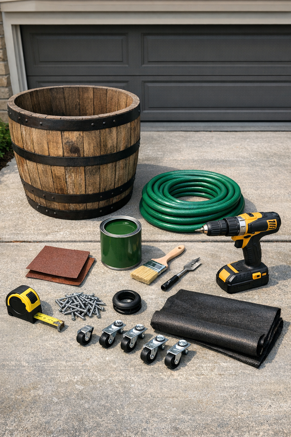 Materials for a painted whiskey barrel hose storage project laid out neatly
