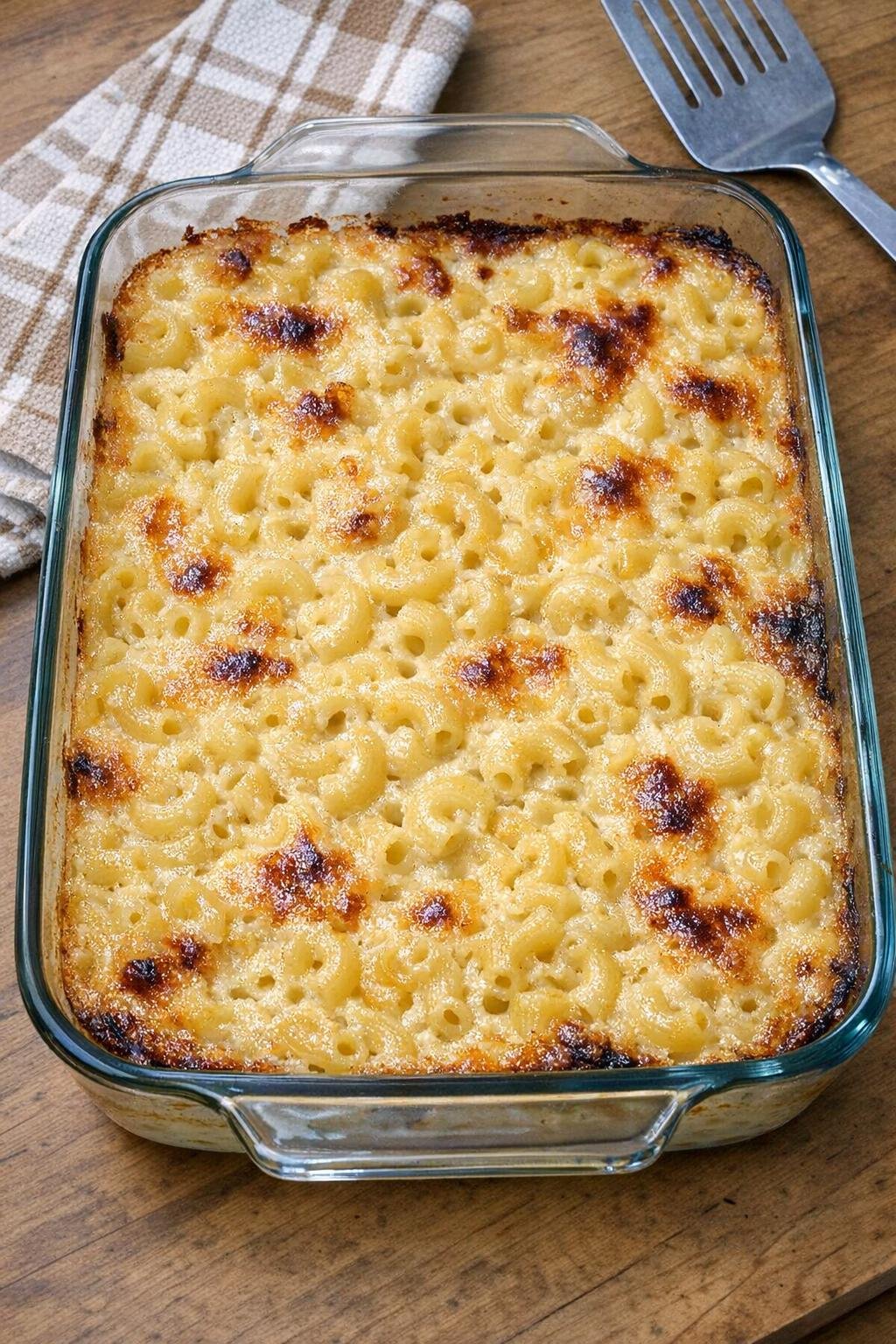 Baked sweet macaroni dessert in a glass dish